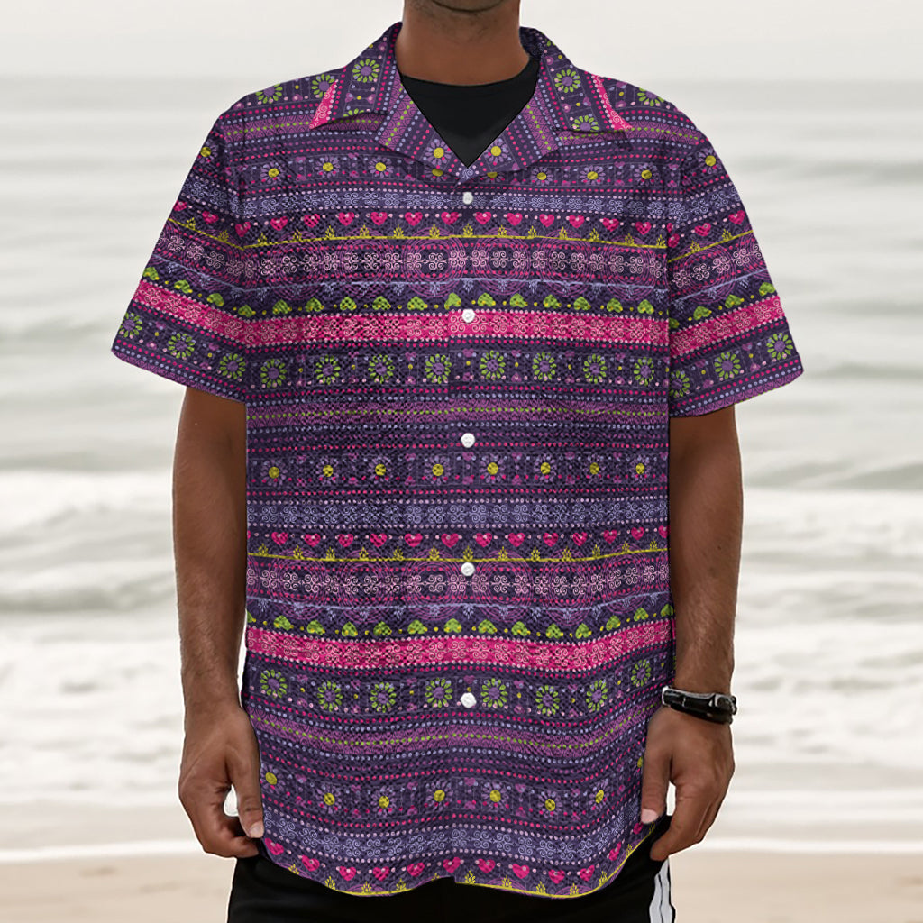 Purple Native Tribal Pattern Print Textured Short Sleeve Shirt