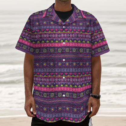 Purple Native Tribal Pattern Print Textured Short Sleeve Shirt