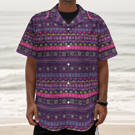 Purple Native Tribal Pattern Print Textured Short Sleeve Shirt