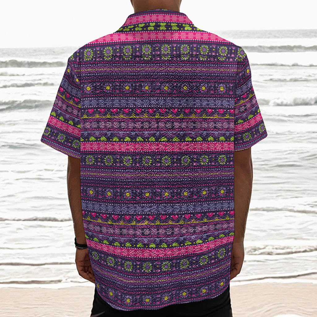 Purple Native Tribal Pattern Print Textured Short Sleeve Shirt