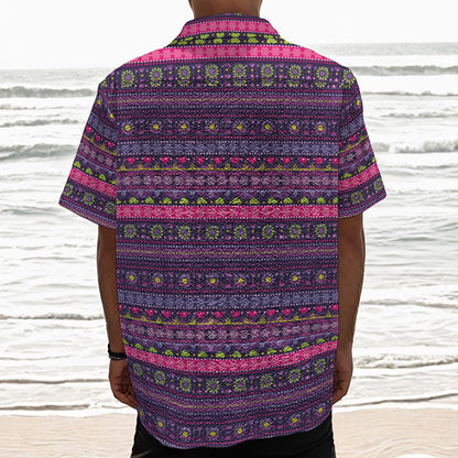 Purple Native Tribal Pattern Print Textured Short Sleeve Shirt