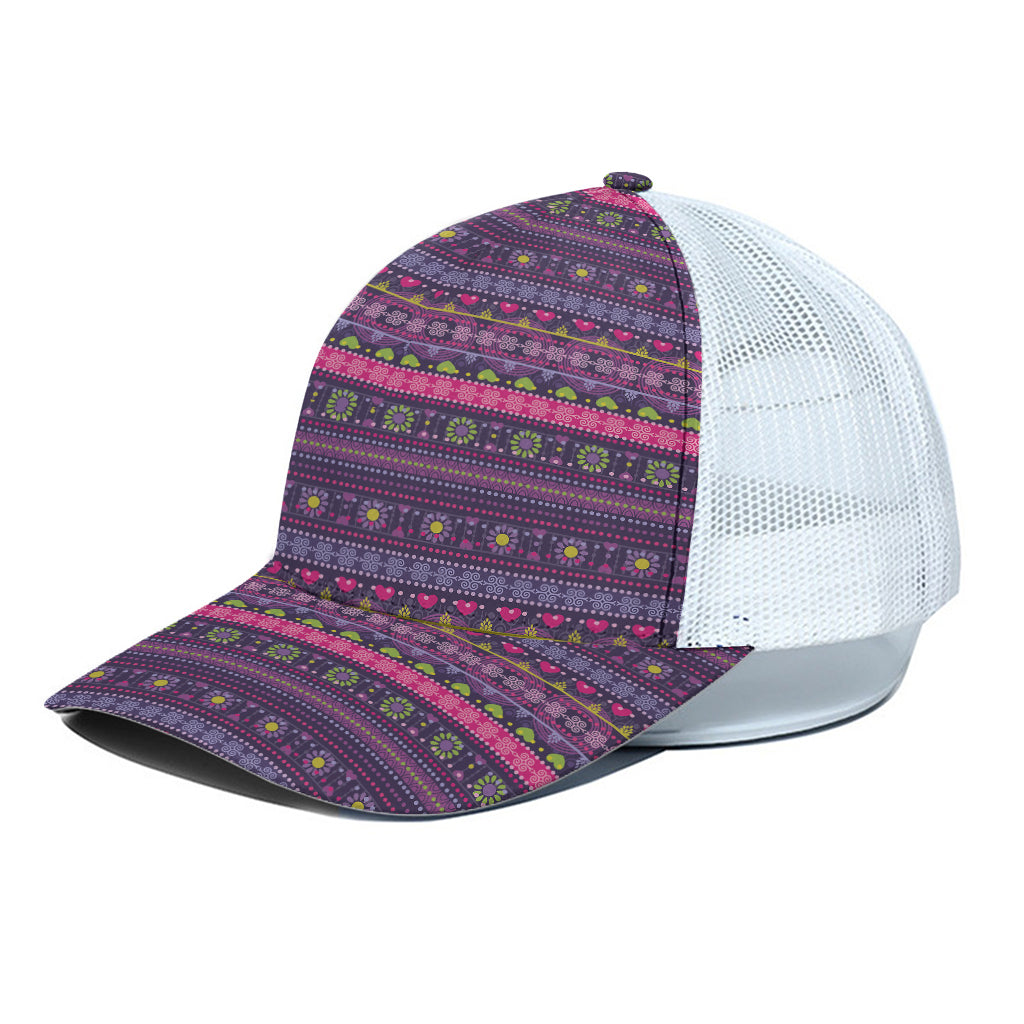 Purple Native Tribal Pattern Print White Mesh Trucker Cap
