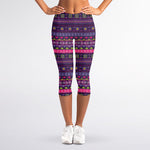 Purple Native Tribal Pattern Print Women's Capri Leggings