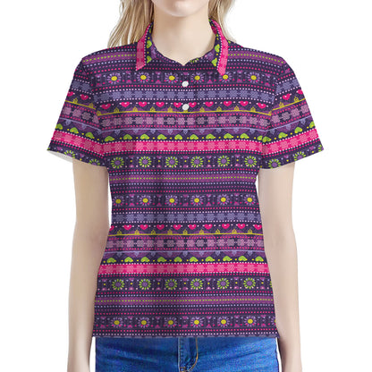 Purple Native Tribal Pattern Print Women's Polo Shirt