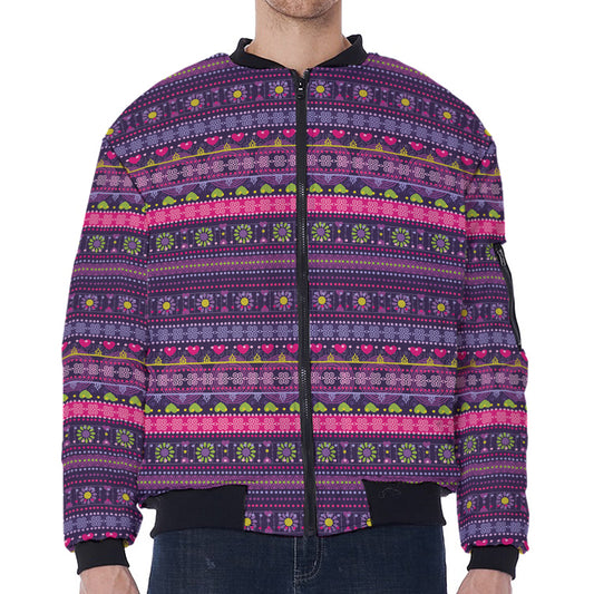 Purple Native Tribal Pattern Print Zip Sleeve Bomber Jacket