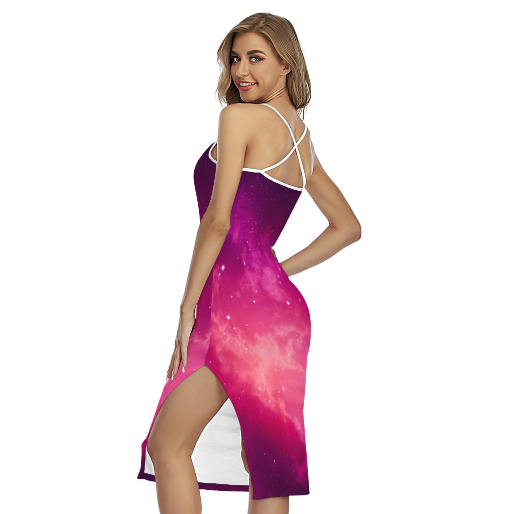 Purple Nebula Cloud Galaxy Space Print Cross Back Cami Dress