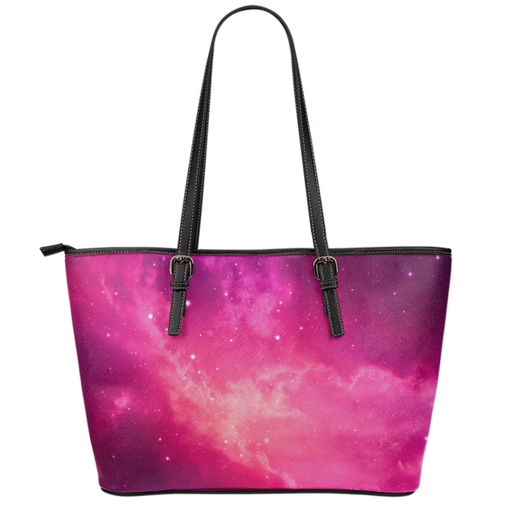 Purple Nebula Cloud Galaxy Space Print Leather Tote Bag