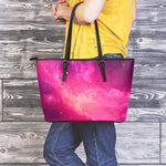 Purple Nebula Cloud Galaxy Space Print Leather Tote Bag