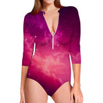 Purple Nebula Cloud Galaxy Space Print Long Sleeve Swimsuit