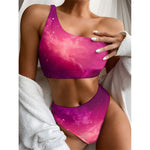 Purple Nebula Cloud Galaxy Space Print One Shoulder Bikini Top