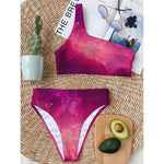 Purple Nebula Cloud Galaxy Space Print One Shoulder Bikini Top