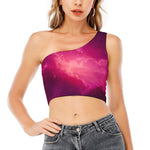 Purple Nebula Cloud Galaxy Space Print One Shoulder Crop Top