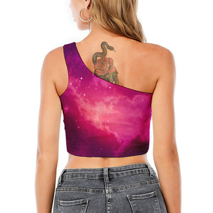 Purple Nebula Cloud Galaxy Space Print One Shoulder Crop Top