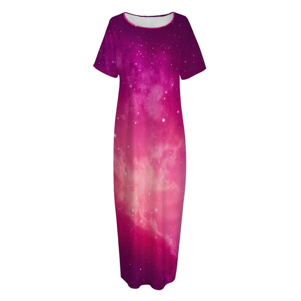 Purple Nebula Cloud Galaxy Space Print Short Sleeve Long Nightdress