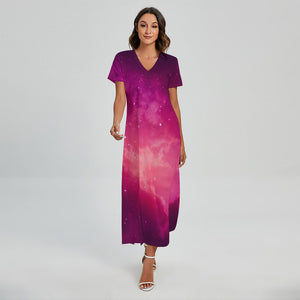 Purple Nebula Cloud Galaxy Space Print Short Sleeve Maxi Dress