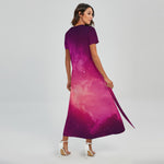 Purple Nebula Cloud Galaxy Space Print Short Sleeve Maxi Dress