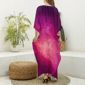 Purple Nebula Cloud Galaxy Space Print Silk V-Neck Kaftan Dress