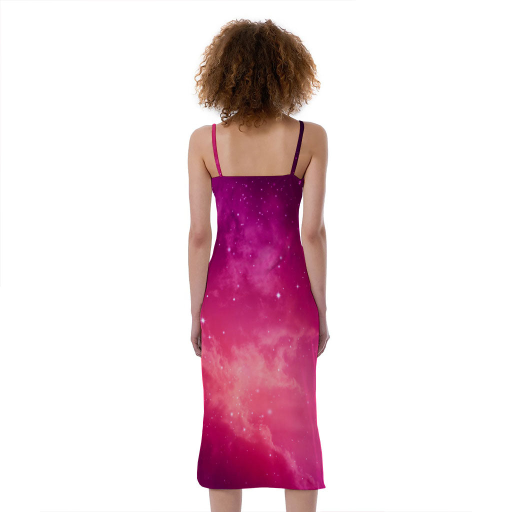 Purple Nebula Cloud Galaxy Space Print Slim Fit Midi Cami Dress