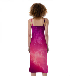 Purple Nebula Cloud Galaxy Space Print Slim Fit Midi Cami Dress