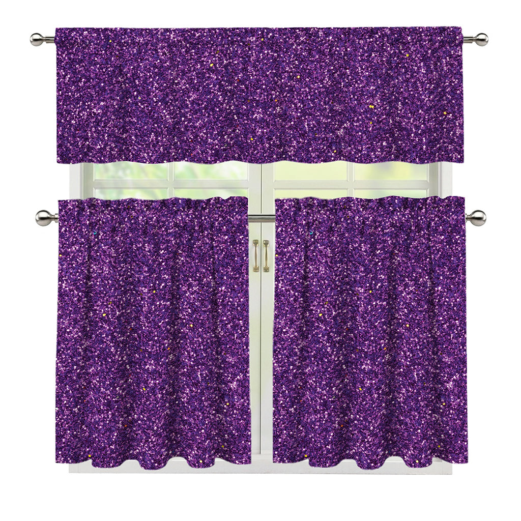 Purple (NOT Real) Glitter Print 3 Piece Kitchen Curtains