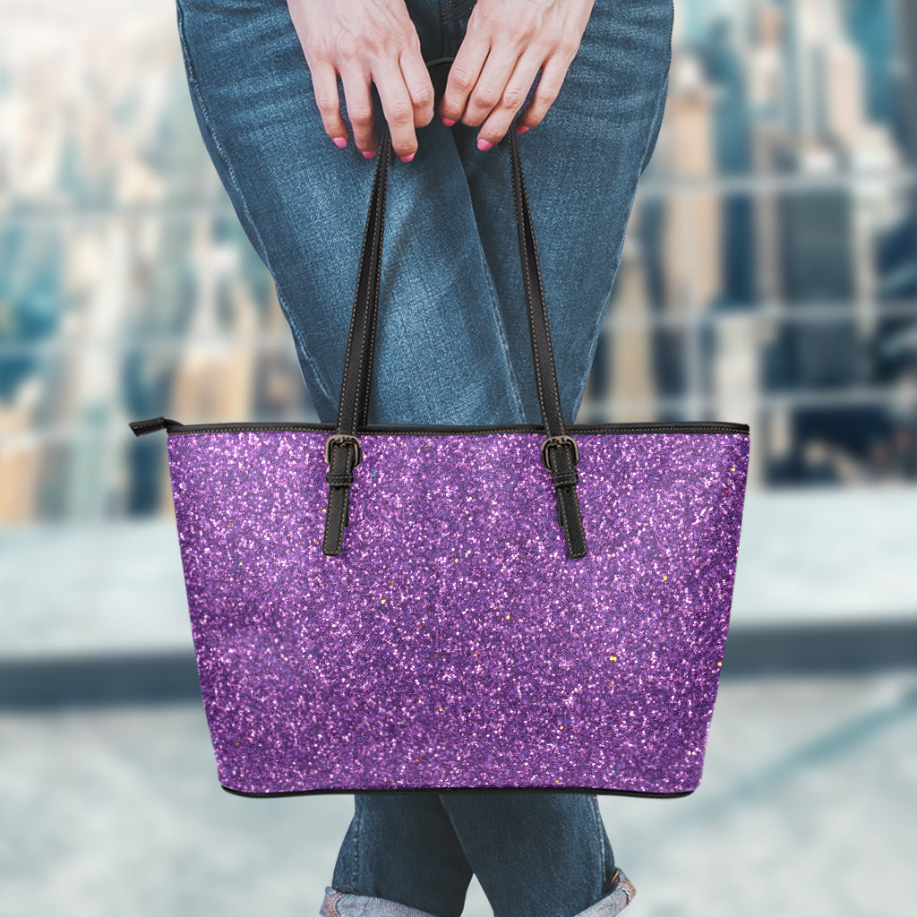 Purple (NOT Real) Glitter Print Leather Tote Bag