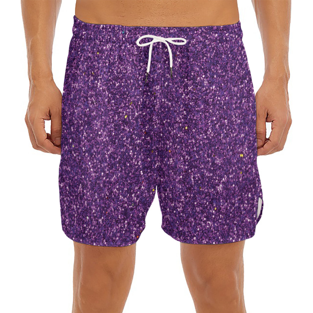 Purple (NOT Real) Glitter Print Men's Split Running Shorts