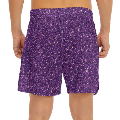 Purple (NOT Real) Glitter Print Men's Split Running Shorts