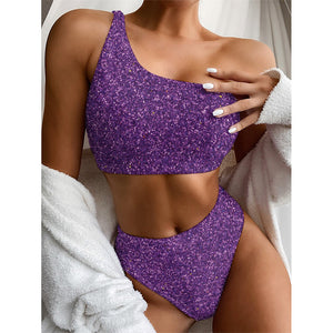 Purple (NOT Real) Glitter Print One Shoulder Bikini Top