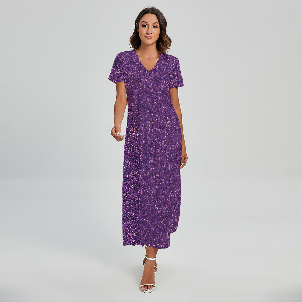 Purple (NOT Real) Glitter Print Short Sleeve Maxi Dress