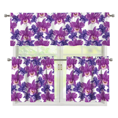 Purple Orchid Flower Pattern Print 3 Piece Kitchen Curtains