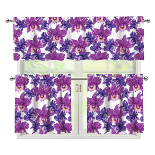 Purple Orchid Flower Pattern Print 3 Piece Kitchen Curtains
