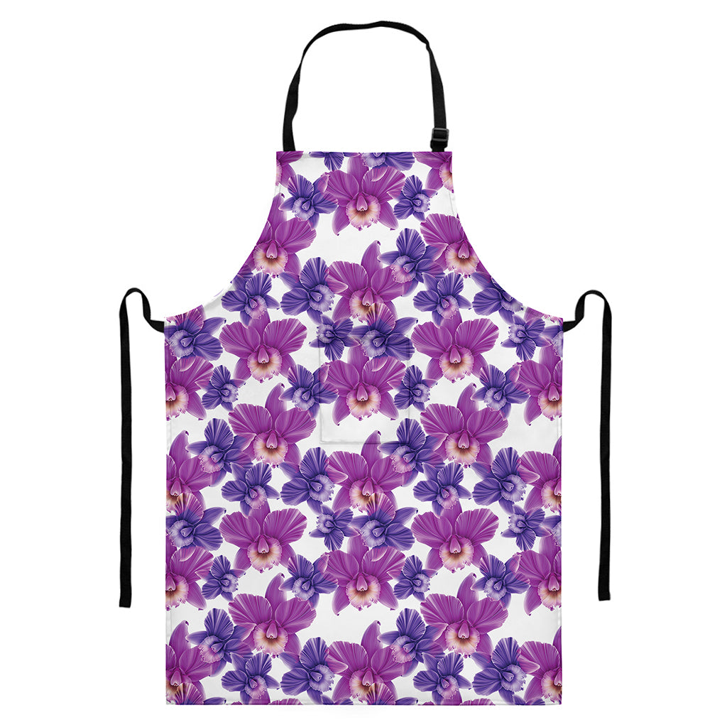 Purple Orchid Flower Pattern Print Bib Apron With Pocket