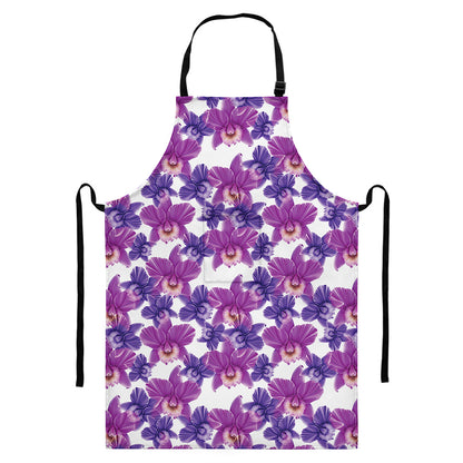 Purple Orchid Flower Pattern Print Bib Apron With Pocket