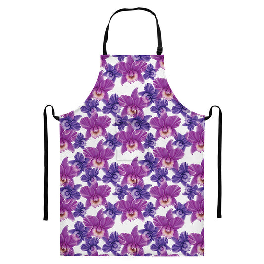 Purple Orchid Flower Pattern Print Bib Apron With Pocket