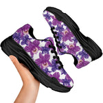 Purple Orchid Flower Pattern Print Black Chunky Shoes