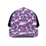 Purple Orchid Flower Pattern Print Black Mesh Trucker Cap