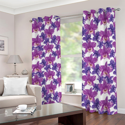 Purple Orchid Flower Pattern Print Blackout Grommet Curtains