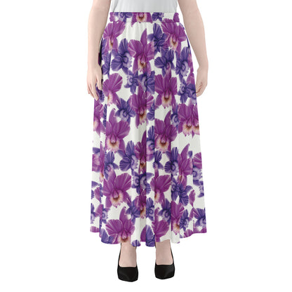 Purple Orchid Flower Pattern Print Chiffon Maxi Skirt