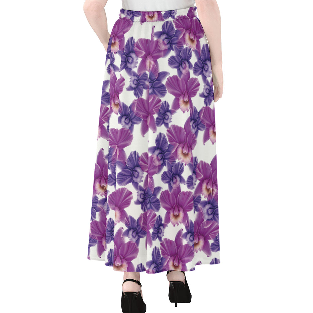 Purple Orchid Flower Pattern Print Chiffon Maxi Skirt