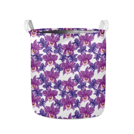 Purple Orchid Flower Pattern Print Collapsible Laundry Basket