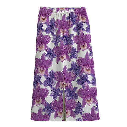 Purple Orchid Flower Pattern Print Cotton Front Slit Maxi Skirt