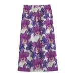 Purple Orchid Flower Pattern Print Cotton Front Slit Maxi Skirt