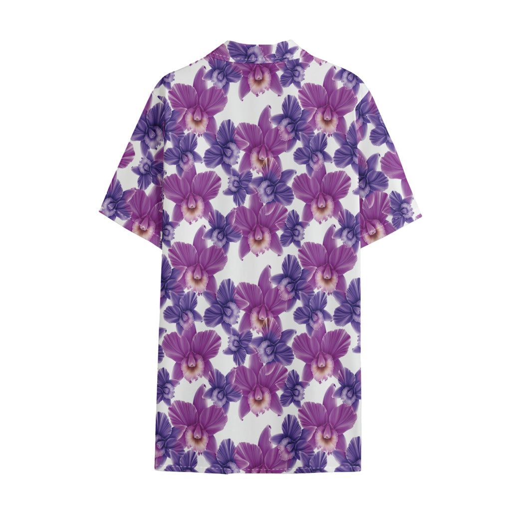 Purple Orchid Flower Pattern Print Cotton Hawaiian Shirt