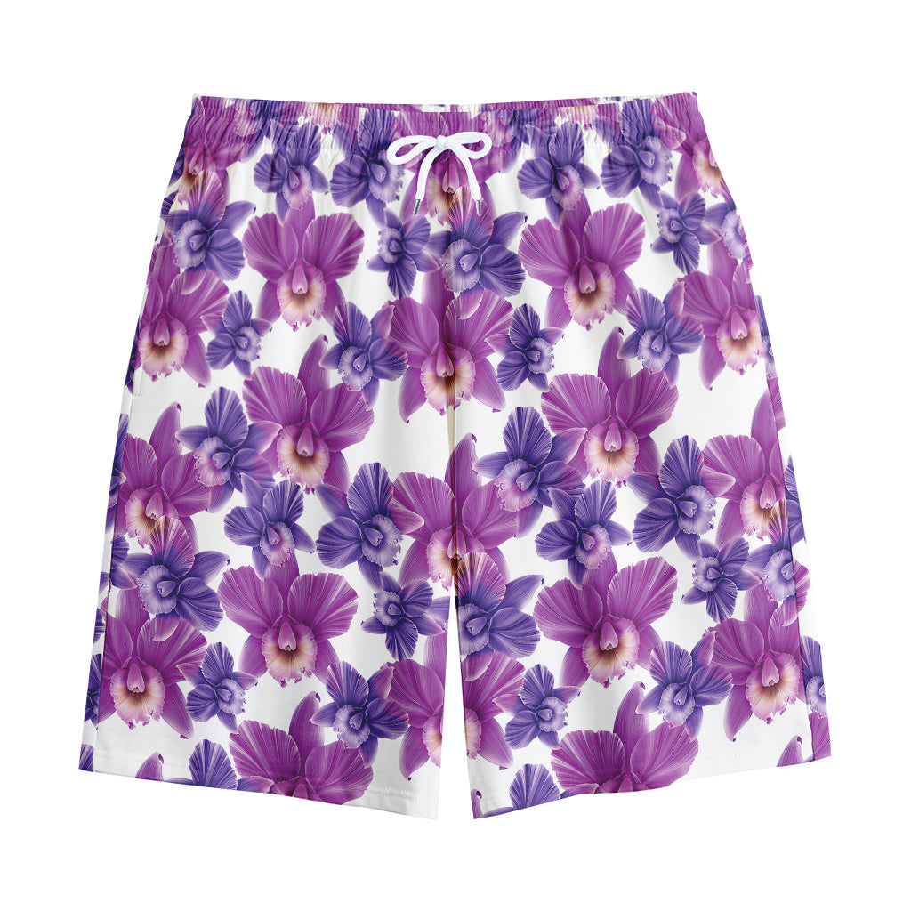 Purple Orchid Flower Pattern Print Cotton Shorts