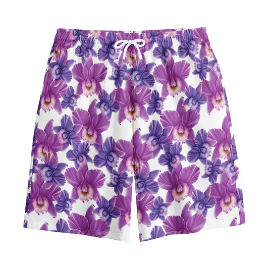 Purple Orchid Flower Pattern Print Cotton Shorts