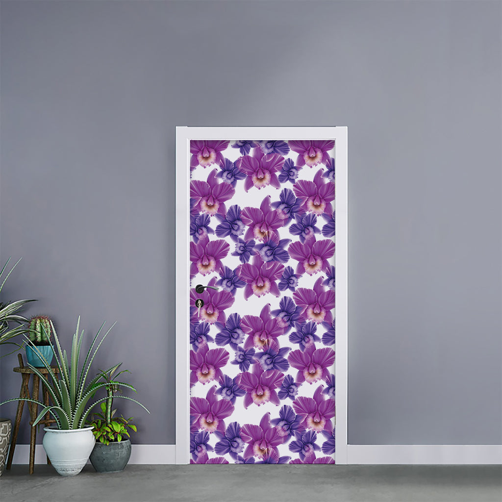 Purple Orchid Flower Pattern Print Door Sticker
