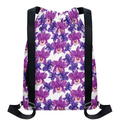 Purple Orchid Flower Pattern Print Drawstring Backpack