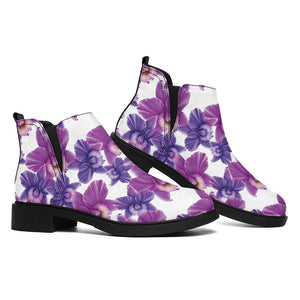 Purple Orchid Flower Pattern Print Flat Ankle Boots