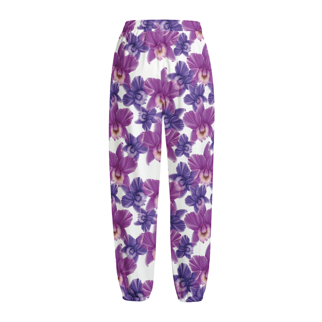 Purple Orchid Flower Pattern Print Fleece Lined Knit Pants