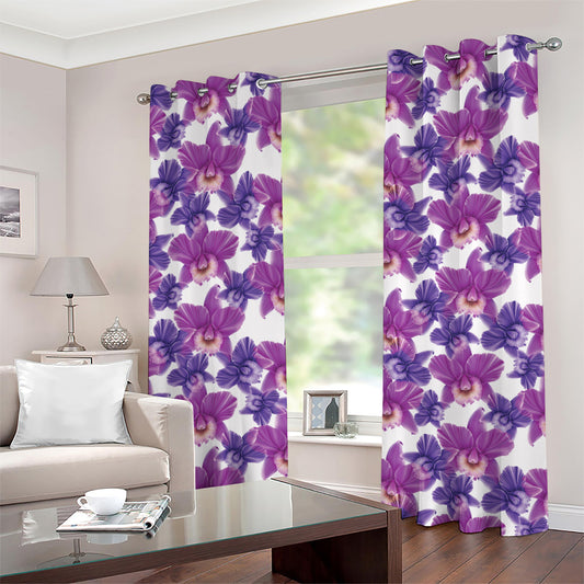 Purple Orchid Flower Pattern Print Grommet Curtains